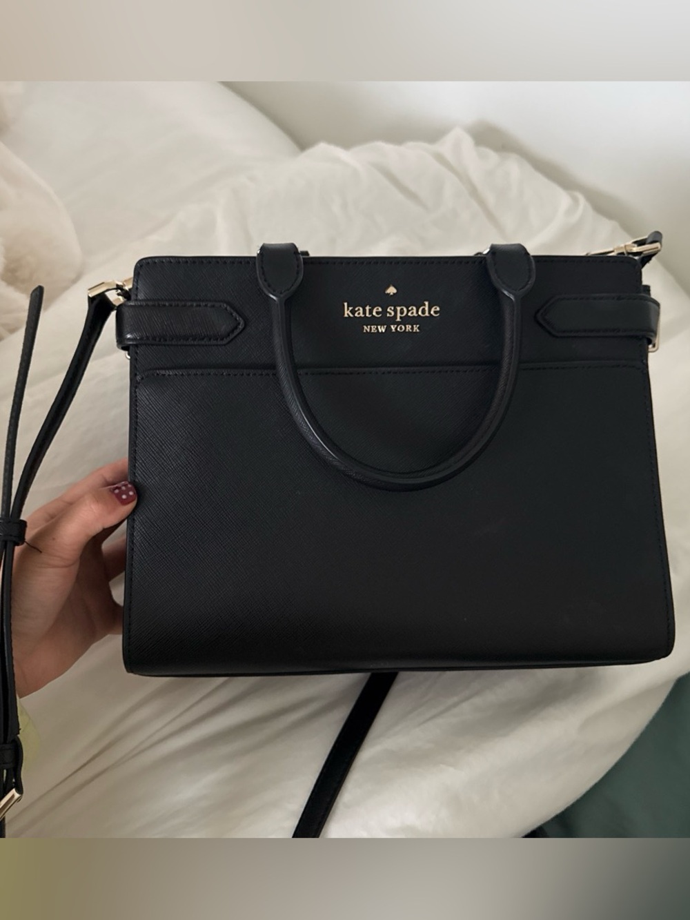 kate spade black leather satchel with gold logo